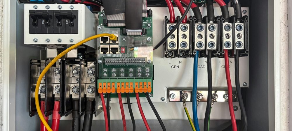 Inside view of an electrical control panel showing circuits and connections.
